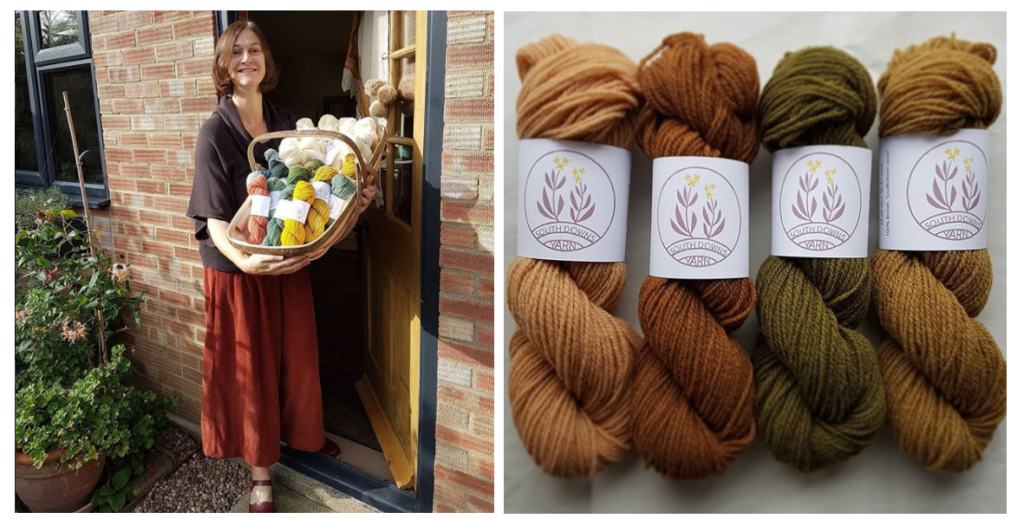 Images (c) Louise Spong. Left, Louise outside her studio. Right, Natural dyed South Down Yarns